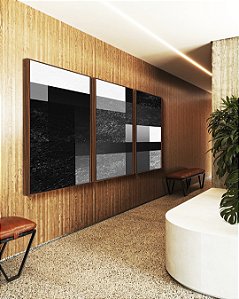Trio de Quadros Abstrato Geométrico Degradê Preto e Branco Canvas Moldura