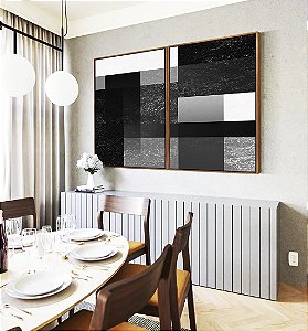 Duo de Quadros Abstrato Geométrico Degradê Preto e Branco Canvas Moldura