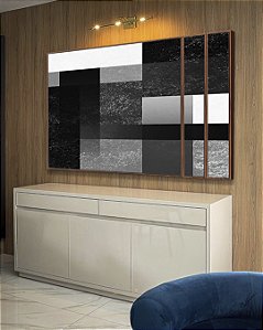 Trio de Quadros Estilizados Abstrato Geométrico Degradê Preto e Branco Canvas Moldura