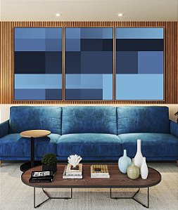 Trio de Quadros Abstrato Geométrico Degradê Tons de Azul Canvas Moldura