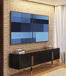 Duo de Quadros Abstrato Geométrico Degradê Tons de Azul Canvas Moldura