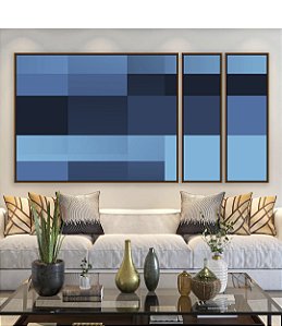 Trio de Quadros Estilizados Abstrato Geométrico Degradê Tons de Azul Canvas Moldura