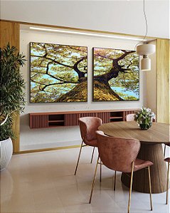 Duo de Quadros Quadrados Árvore Galhos Céu Turquesa Claro Natureza Paisagem Canvas Moldura