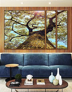 Trio de Quadros Estilizados Árvore Galhos Céu Turquesa Claro Natureza Paisagem Canvas Moldura