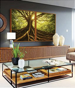 Duo de Quadros Árvore Folhas Verdes Paisagem Natureza Canvas Moldura