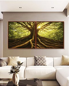 Duo de Quadros Quadrados Árvore Folhas Verdes Paisagem Natureza Canvas Moldura