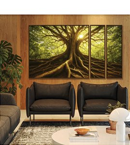 Trio de Quadros Estilizados Árvore Folhas Verdes Paisagem Natureza Canvas Moldura
