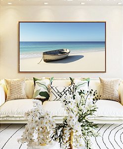 Quadro Horizontal Barco em Praia de Mar Azul Céu Claro Canvas Moldura