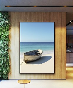 Quadro Vertical Barco em Praia de Mar Azul Céu Claro Canvas Moldura