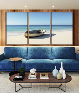 Trio de Quadros Barco em Praia de Mar Azul Céu Claro Canvas Moldura