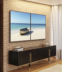 Duo de Quadros Barco em Praia de Mar Azul Céu Claro Canvas Moldura
