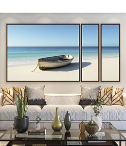 Trio de Quadros Estilizados Barco em Praia de Mar Azul Céu Claro Canvas Moldura