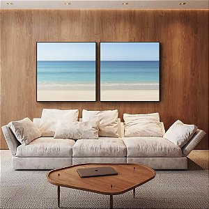 Duo de Quadros Quadrados Mar Azul Praia Relaxante Céu Claro Canvas Moldura