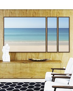 Trio de Quadros Estilizados Mar Azul Praia Relaxante Céu Claro Canvas Moldura