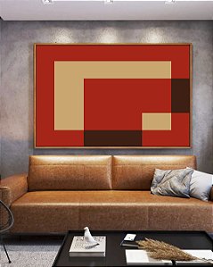 Quadro Horizontal Abstrato Geométrico Minimalista Vermelho Marfim Canvas Moldura