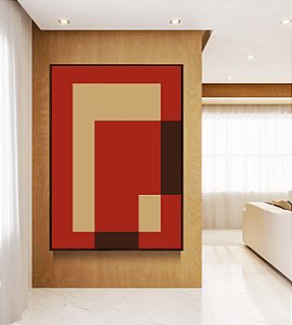 Quadro Vertical Abstrato Geométrico Minimalista Vermelho Marfim Canvas Moldura