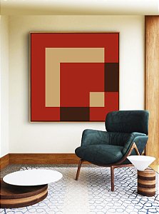 Quadro Quadrado Abstrato Geométrico Minimalista Vermelho Marfim Canvas Moldura