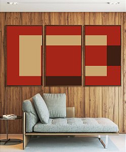 Trio de Quadros Abstrato Geométrico Minimalista Vermelho Marfim Canvas Moldura