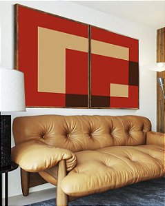 Duo de Quadros Abstrato Geométrico Minimalista Vermelho Marfim Canvas Moldura