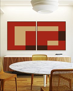 Duo de Quadros Quadrados Abstrato Geométrico Minimalista Vermelho Marfim Canvas Moldura