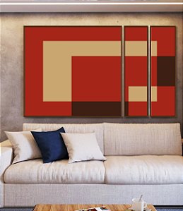 Trio de Quadros Estilizados Abstrato Geométrico Minimalista Vermelho Marfim Canvas Moldura