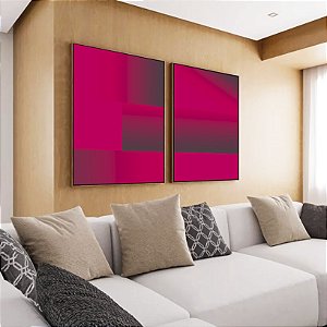 Duo de Quadros Abstrato Mosaico Geométrico Degradê Rosa Canvas Moldura