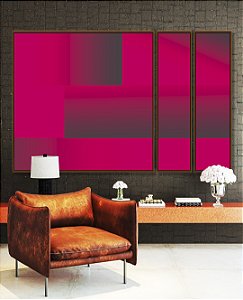 Trio de Quadros Estilizados Abstrato Mosaico Geométrico Degradê Rosa Canvas Moldura