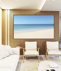 Quadro Horizontal Praia de Areia Branca Mar Calmo Azul e Céu Claro Canvas Moldura