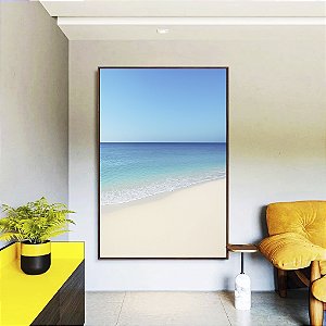 Quadro Vertical Praia de Areia Branca Mar Calmo Azul e Céu Claro Canvas Moldura