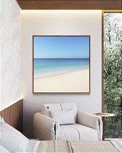 Quadro Quadrado Praia de Areia Branca Mar Calmo Azul e Céu Claro Canvas Moldura