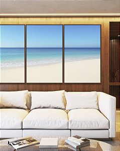 Trio de Quadros Praia de Areia Branca Mar Calmo Azul e Céu Claro Canvas Moldura
