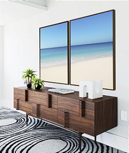 Duo de Quadros Praia de Areia Branca Mar Calmo Azul e Céu Claro Canvas Moldura