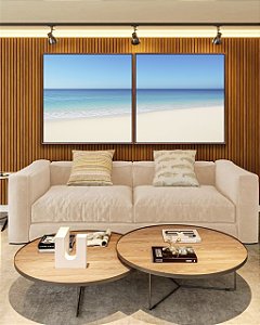 Duo de Quadros Quadrados Praia de Areia Branca Mar Calmo Azul e Céu Claro Canvas Moldura