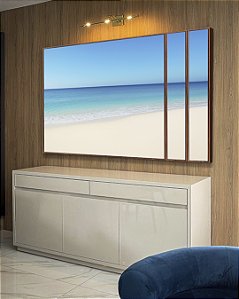 Trio de Quadros Estilizados Praia de Areia Branca Mar Calmo Azul e Céu Claro Canvas Moldura