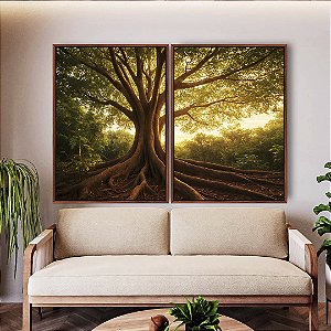 Duo de Quadros Árvore em Floresta e Luzes do Sol Natureza Canvas Moldura