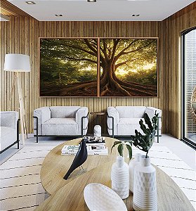 Duo de Quadros Quadrados Árvore em Floresta e Luzes do Sol Natureza Canvas Moldura
