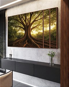 Trio de Quadros Estilizados Árvore em Floresta e Luzes do Sol Natureza Canvas Moldura
