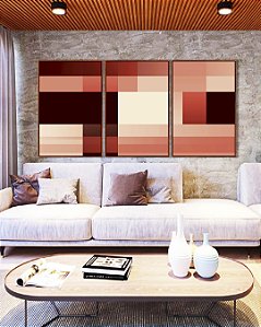 Trio de Quadros Abstrato Geométrico Degradê Rosa Marrom Canvas Moldura