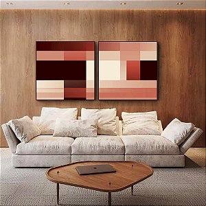 Duo de Quadros Quadrados Abstrato Geométrico Degradê Rosa Marrom Canvas Moldura