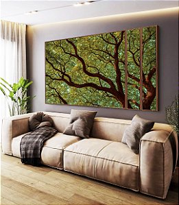 Trio de Quadros Estilizados Copa de Árvore Céu Azul Turquesa Natureza Canvas Moldura