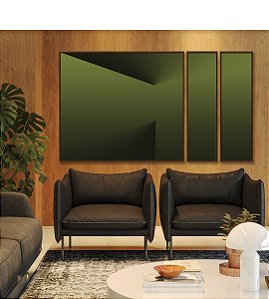 Trio de Quadros Estilizados Abstrato Degradê Tons de Verde Efeito Canvas Moldura