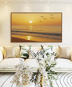 Quadro Horizontal Pôr do Sol Dourado na Praia Mar Calmo Canvas Moldura