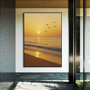 Quadro Vertical Pôr do Sol Dourado na Praia Mar Calmo Canvas Moldura