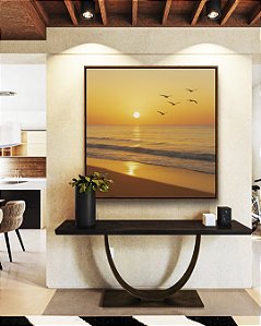 Quadro Quadrado Pôr do Sol Dourado na Praia Mar Calmo Canvas Moldura