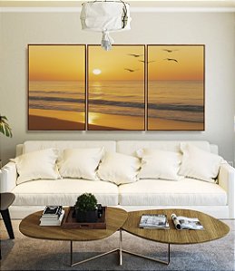 Trio de Quadros Pôr do Sol Dourado na Praia Mar Calmo Canvas Moldura