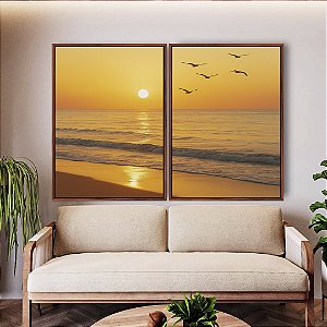 Duo de Quadros Pôr do Sol Dourado na Praia Mar Calmo Canvas Moldura