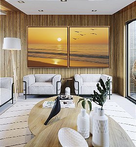 Duo de Quadros Quadrados Pôr do Sol Dourado na Praia Mar Calmo Canvas Moldura