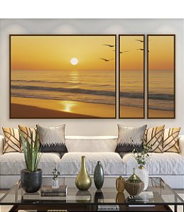 Trio de Quadros Estilizados Pôr do Sol Dourado na Praia Mar Calmo Canvas Moldura
