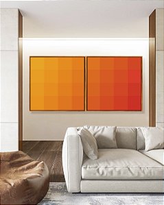 Duo de Quadros Quadrados Abstrato Geométrico Degradê Laranja Amarelo Canvas Moldura
