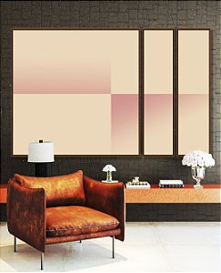 Trio de Quadros Estilizados Abstrato Geométrico Degradê Tons de Rosa Canvas Moldura